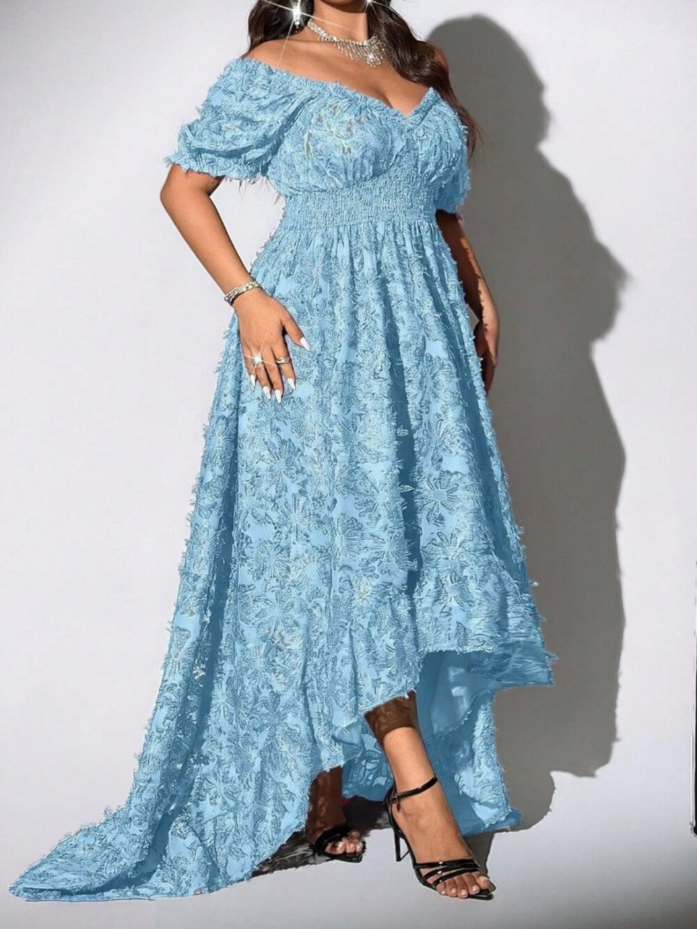 Blue Elegant Women's Plus Size Off-Shoulder Short Sleeve Sexy Dress - Picture 6 of 7